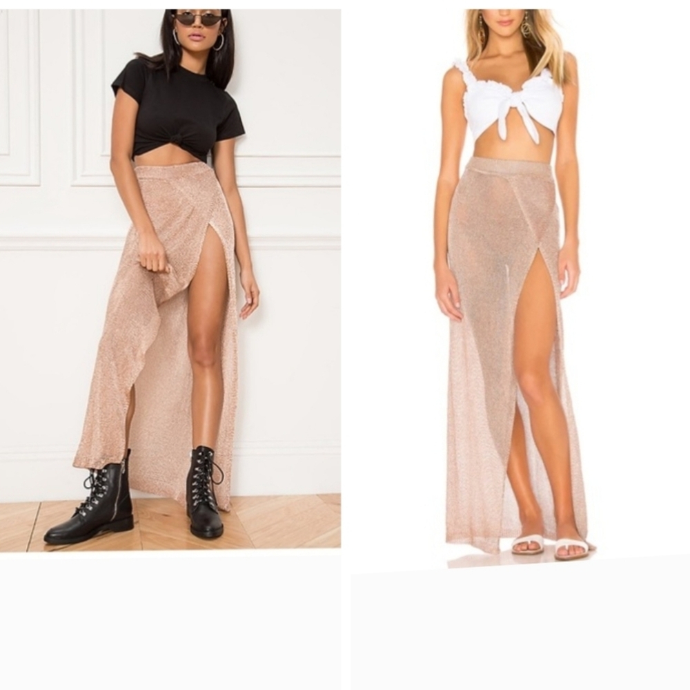 superdown Metallic Rose Gold Sheer Festival High-Slit Maxi Skirt
